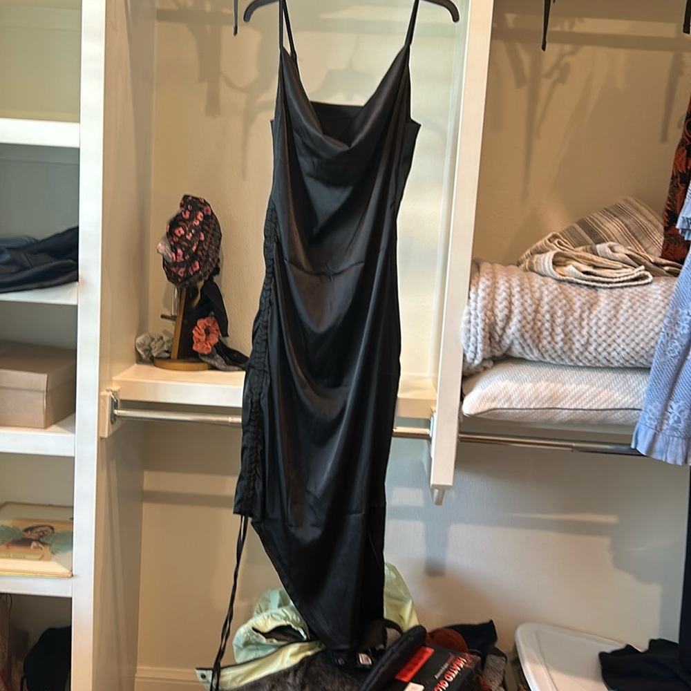 Black silk asymmetrical dress with adjustable straps